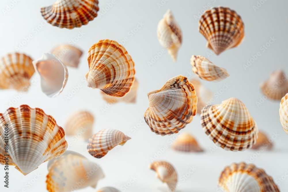 Seashells falling in the air on white background Seashells falling in the air on white background