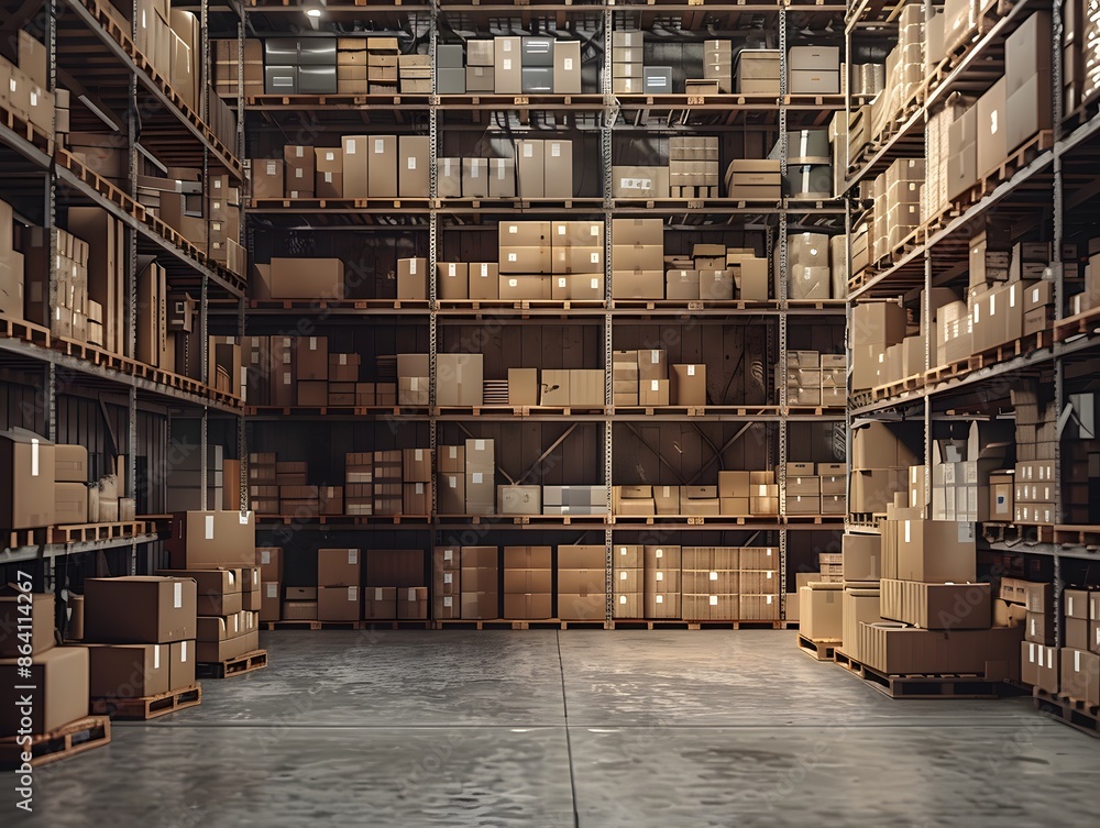 Organized Warehouse with Stacked Cardboard Boxes on Shelves Organized Warehouse with Stacked Cardboard Boxes on Shelves