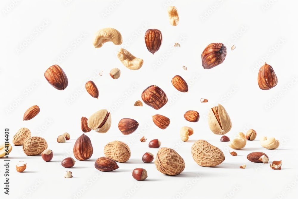 Nuts falling in the air on white background Nuts falling in the air on white background