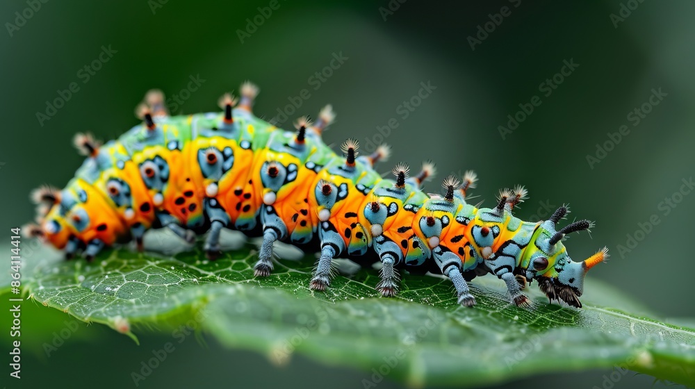 Close-up of colorful caterpillar on green leaf Close-up of colorful caterpillar on green leaf
