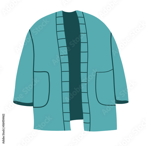 Knitted cardigan, warm fashion clothes. Casual winter apparel with pockets. Women wearing for autumn season, cold weather. Modern garment. Flat  illustration isolated on white background