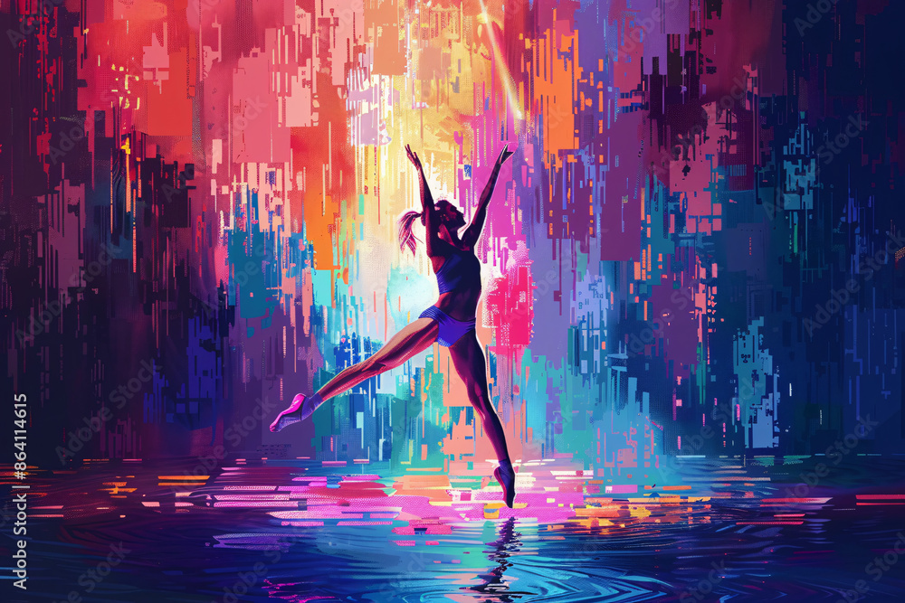 A ballet dancer strikes an elegant pose amidst a neon-colored abstract background exuding grace and artistic flair A ballet dancer strikes an elegant pose amidst a neon-colored abstract background exuding grace and artistic flair