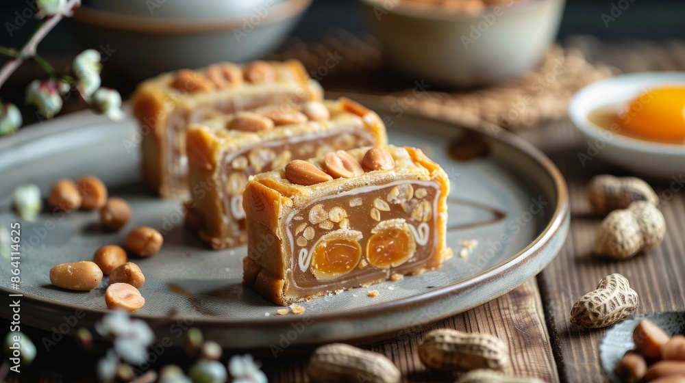 Chinese pastry filled with peanuts and salted egg is called a moon cake with salted egg peanuts. Pastry for spring rolls with salted eggs and nuts: A flavorful Asian pastry stuffed with salted egg Chinese pastry filled with peanuts and salted egg is called a moon cake with salted egg peanuts. Pastry for spring rolls with salted eggs and nuts: A flavorful Asian pastry stuffed with salted egg