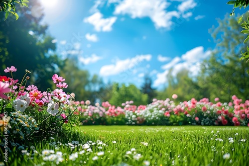 Vibrant Summer Garden in Full Bloom Under a Clear Blue Sky