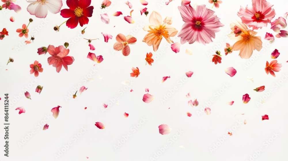Flowers falling in the air on white background Flowers falling in the air on white background
