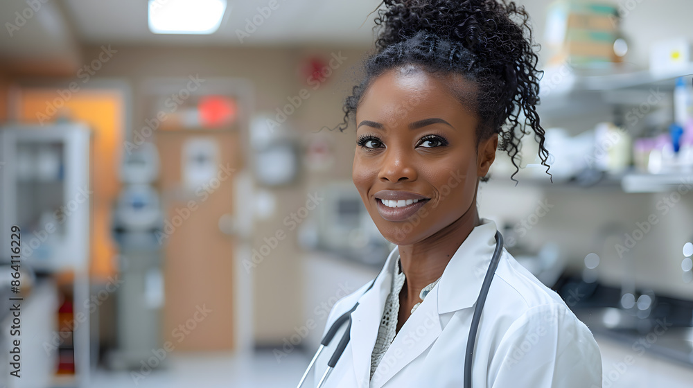 Portrait of female African American doctor standing Portrait of female African American doctor standing