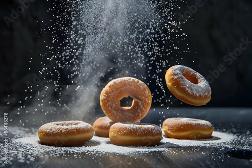 A photo of donuts being dusted with powder sugar using fine mesh s magnificient kitchen, macro photography, food magazine photo