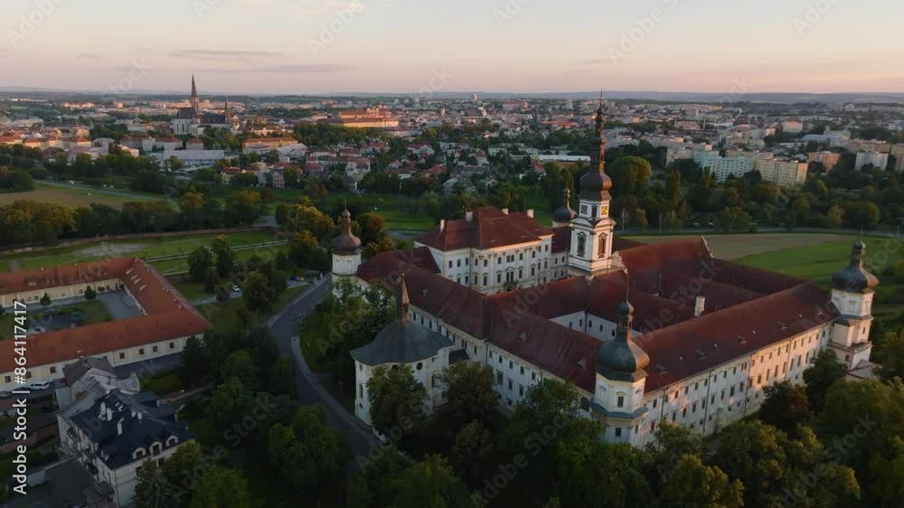 Aerial panorama of Olomouc city. Historic military hospital monastery at sunset in summer. Czech Republic, Moravia Aerial panorama of Olomouc city. Historic military hospital monastery at sunset in summer. Czech Republic, Moravia