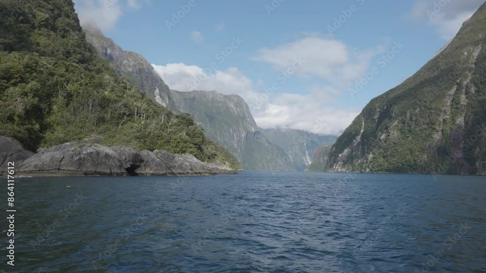 Wide view of the fiord and mountains from a boat during a sunny summer day in Milford Sound, Fiordland, New Zealand. Wide view of the fiord and mountains from a boat during a sunny summer day in Milford Sound, Fiordland, New Zealand.