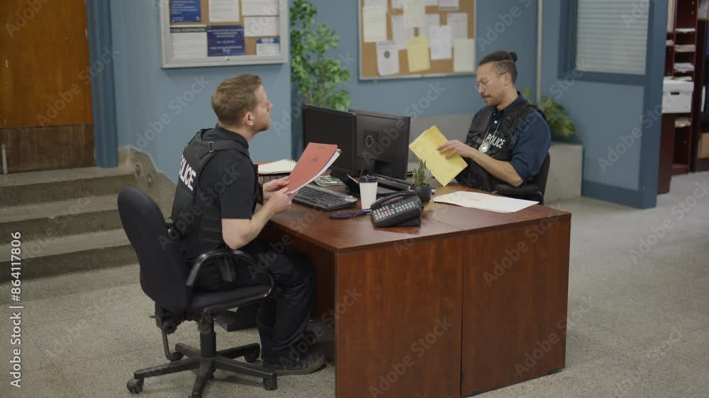 Passing documents on a desk two police officers Passing documents on a desk two police officers