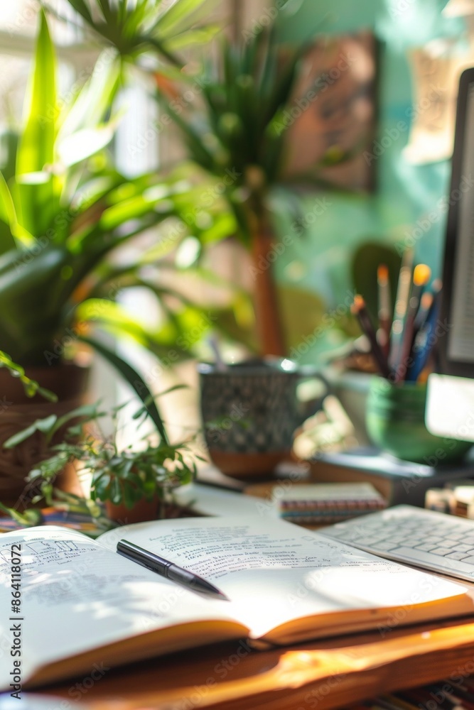 An open notebook with handwritten notes and a pen lying beside it, against a softly focused backdrop of a workspace with art supplies, and potted plants. An open notebook with handwritten notes and a pen lying beside it, against a softly focused backdrop of a workspace with art supplies, and potted plants.