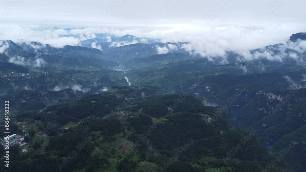 Clouds, rivers, villages in mountainous areas after rain Clouds, rivers, villages in mountainous areas after rain