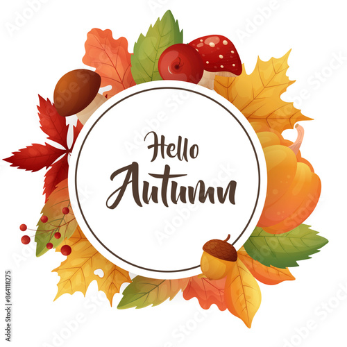 Hello Autumn. Fall frame with leaves and mushrooms on white background.