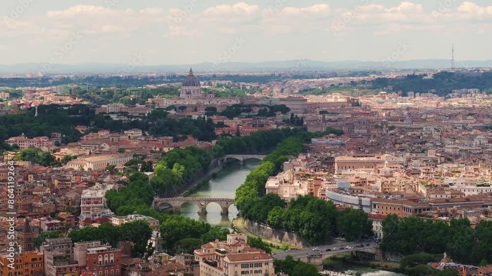 Birds Eye Aerial View Above Tiber River, Ponte Sisto and Vatican City in Background Birds Eye Aerial View Above Tiber River, Ponte Sisto and Vatican City in Background