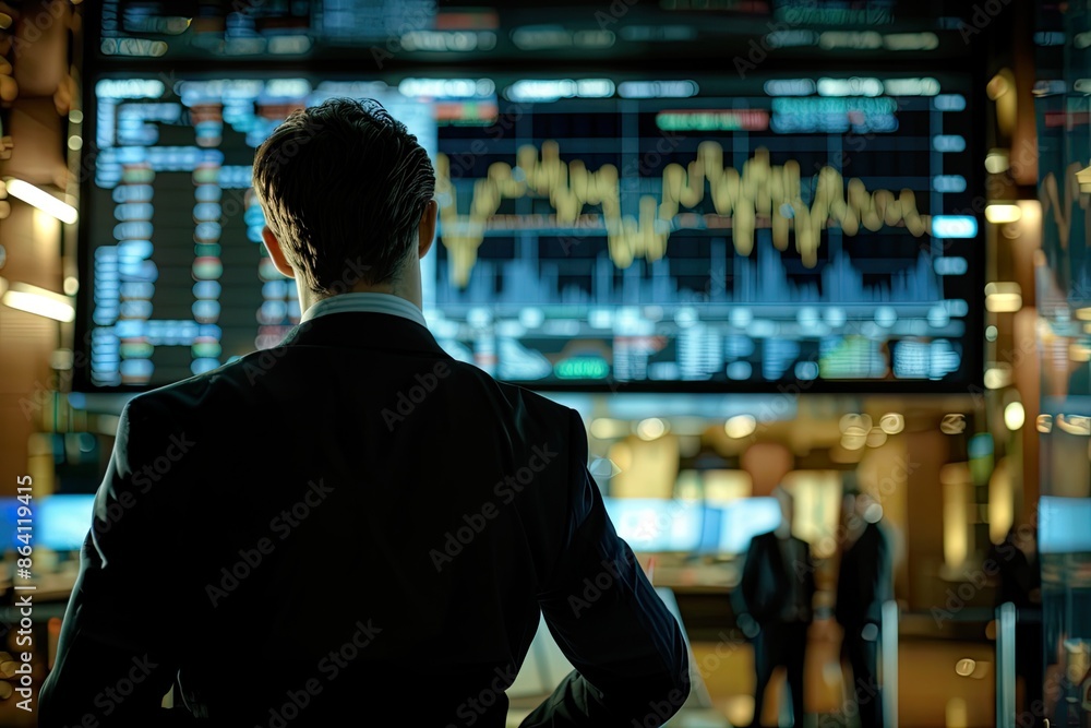 Fototapeta premium Businessman analyzing stock market data on multiple computer screens, tracking financial trends, investments, and trading opportunities.