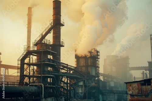 Industrial factory chimneys emitting smoke and pollution into the atmosphere. Concept of environmental damage, air pollution, global warming, and climate change.