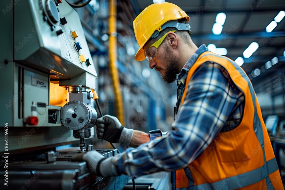 Skilled Industrial Engineer or Worker Operating Machinery in a Factory Setting. Concepts. Manufacturing, Engineering, Industry, Labor Skilled Industrial Engineer or Worker Operating Machinery in a Factory Setting. Concepts. Manufacturing, Engineering, Industry, Labor