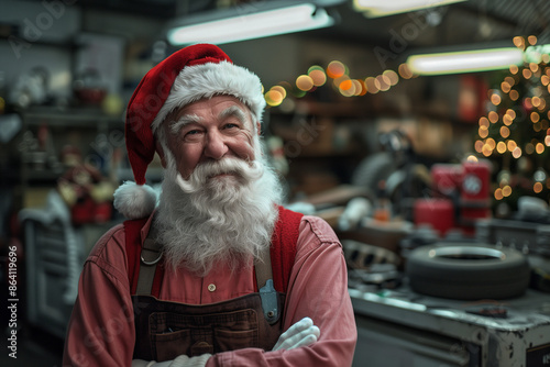 Weihnachtsmann als KFZ-Mechaniker in einer Autowerkstatt photo