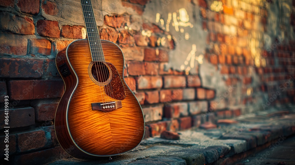 Obraz premium Acoustic Guitar Leaning Against a Weathered Brick Wall at Sunset