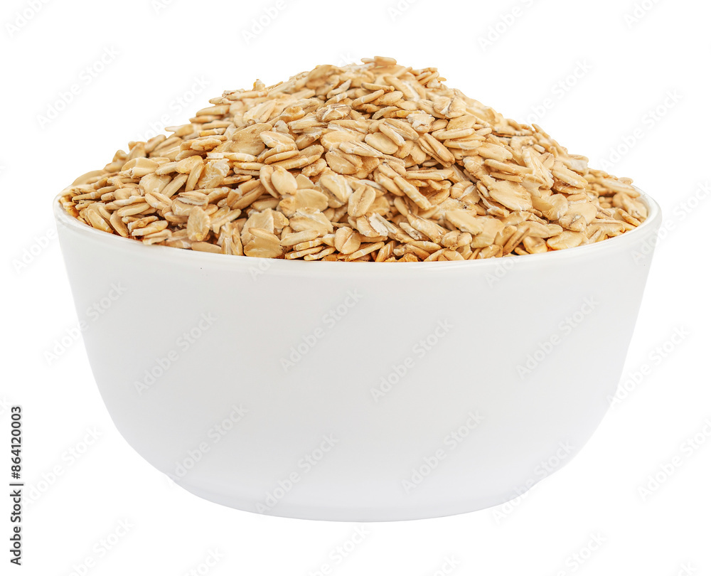 Dry oatmeal in a bowl isolated. Rolled oat on white background close up. Dry oatmeal in a bowl isolated. Rolled oat on white background close up.