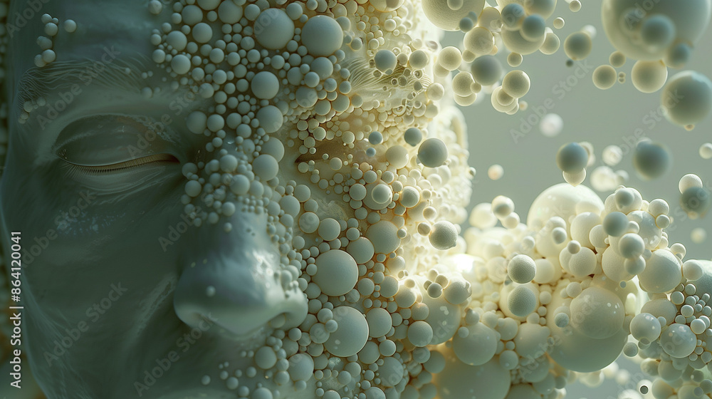 Face with serene expression covered in abstract, spherical patterns. Face with serene expression covered in abstract, spherical patterns.