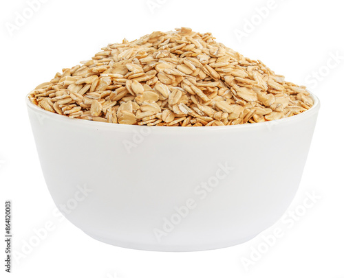Dry oatmeal in a bowl isolated. Rolled oat  on white background close up.