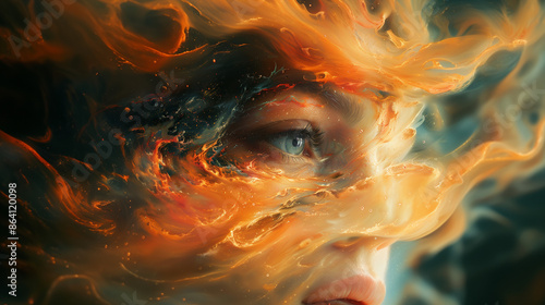 Face partially obscured by swirling, fiery, orange patterns in abstract space. photo