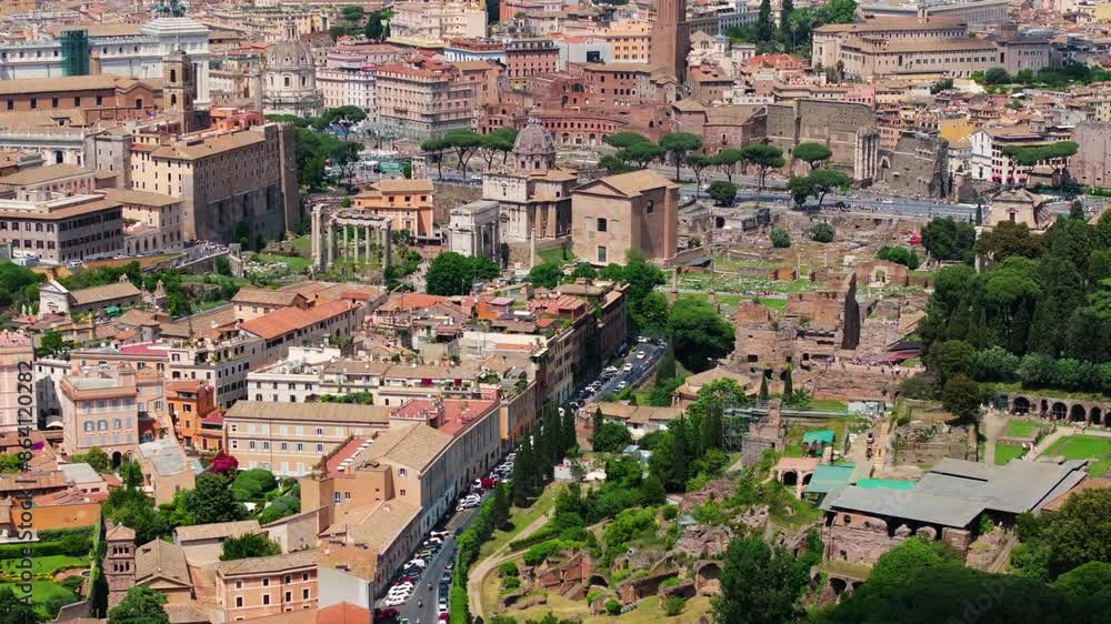 Aerial Pullback Away from Ancient Roman Ruins in Eternal City. Rome, Italy Aerial Pullback Away from Ancient Roman Ruins in Eternal City. Rome, Italy