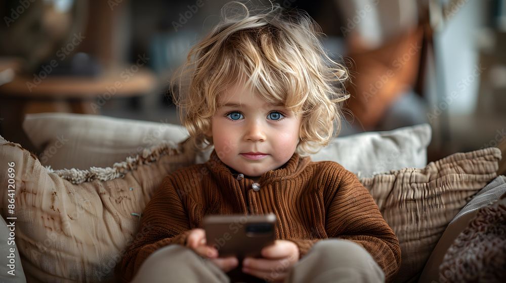 Close up cute little boy using smartphone, looking at screen, curious child holding phone in hands, sitting on couch at home alone, playing mobile device game, watching cartoons online.
Close up cute little boy using smartphone, looking at screen, curious child holding phone in hands, sitting on couch at home alone, playing mobile device game, watching cartoons online.