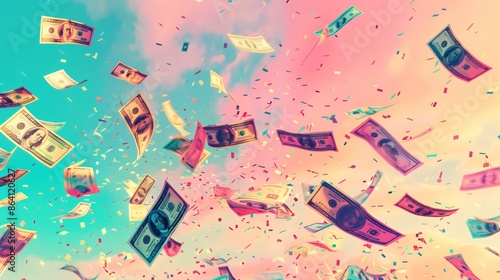 Money is flying in the air with confetti against a colorful pastel sky