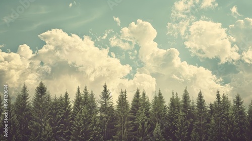 Vintage photo of summer forest skyline with clouds and trees plenty of space for text