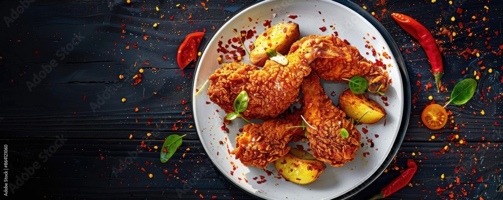 A plate of crispy fried chicken wings garnished with herbs and served with golden potato wedges on a dark rustic background. A plate of crispy fried chicken wings garnished with herbs and served with golden potato wedges on a dark rustic background.