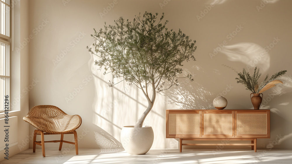 Beautiful tall olive tree in a white pot with lush green leaves, positioned in front of a light-colored wall. Modern home decor featuring a wicker sideboard and wooden chair Beautiful tall olive tree in a white pot with lush green leaves, positioned in front of a light-colored wall. Modern home decor featuring a wicker sideboard and wooden chair