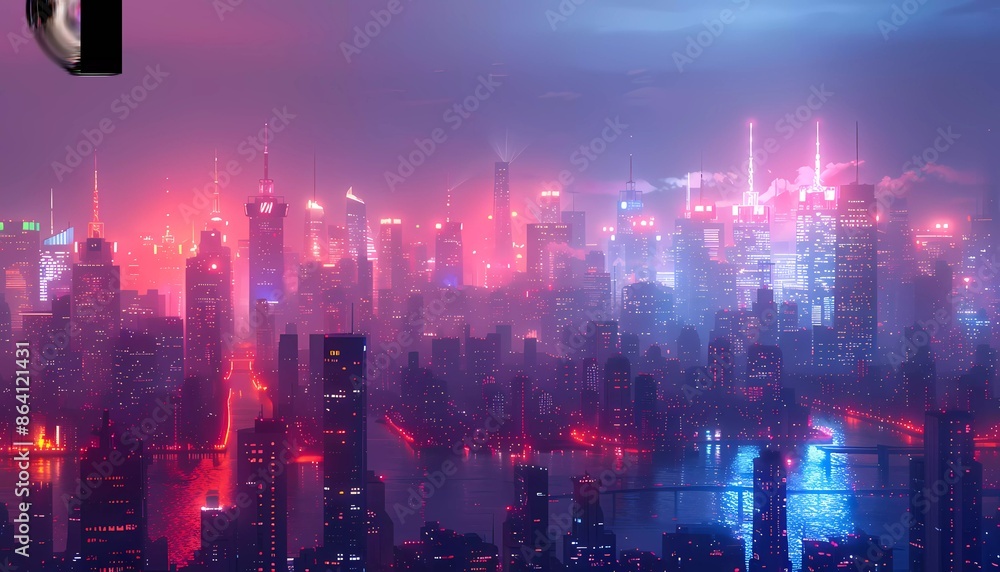 Fototapeta premium IoT Cityscape, view of US metropolises with skyscrapers adorned with glowing IoT symbols, smart city infrastructure enhances urban living. 