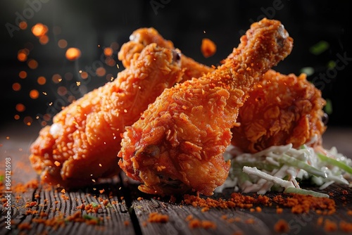 Crispy fried chicken drumsticks with golden-brown coating, garnished and served on a rustic wooden table, perfect for food advertising. photo