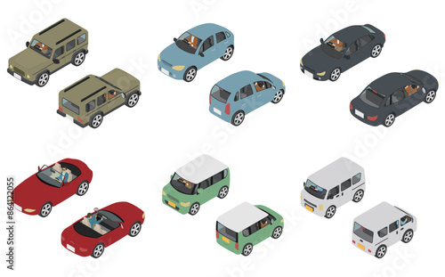 アイソメトリックイラスト：車を運転する男性セット