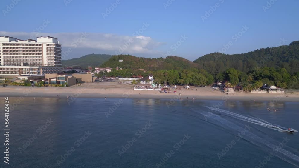 Evening Coastline with beach hotels, resorts. Nice aerial view flight drone Evening Coastline with beach hotels, resorts. Nice aerial view flight drone