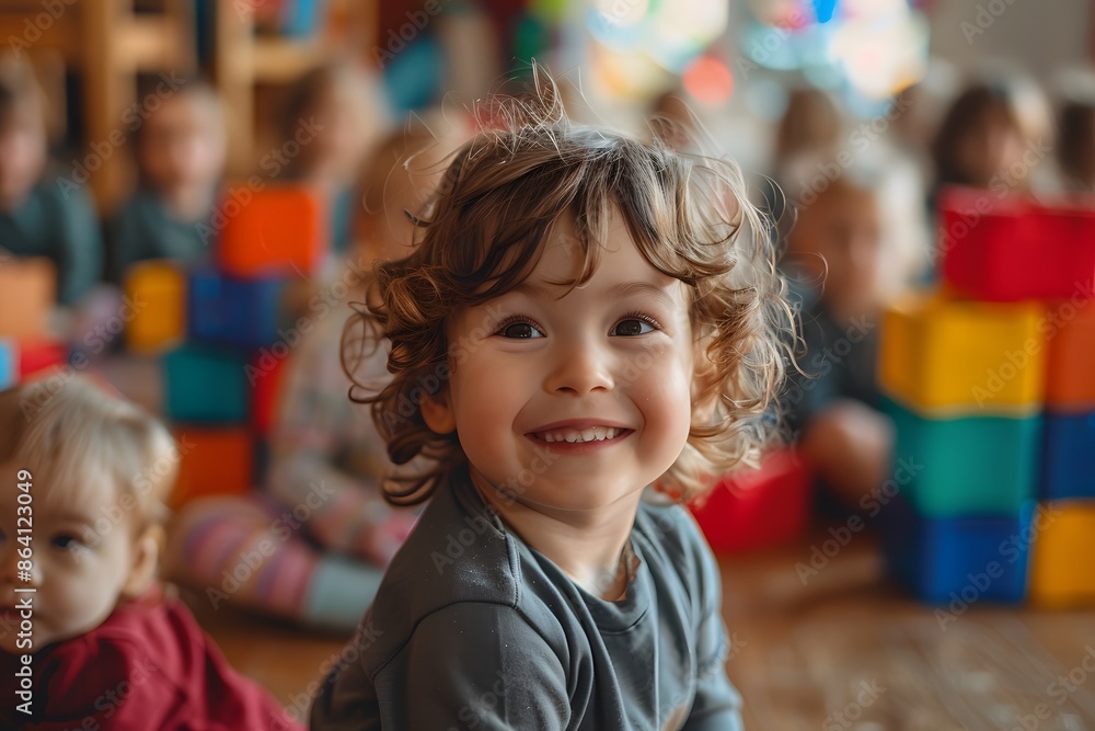 Joyful Child Playing in a Colorful Classroom Joyful Child Playing in a Colorful Classroom