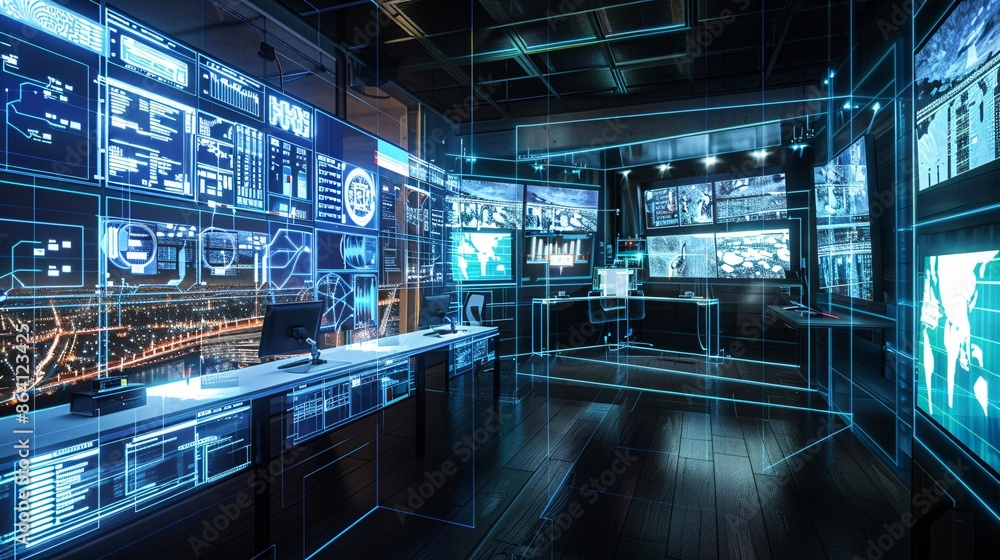A digital representation of a security control room with holographic displays and CCTV feeds, showcasing cutting-edge surveillance technology A digital representation of a security control room with holographic displays and CCTV feeds, showcasing cutting-edge surveillance technology