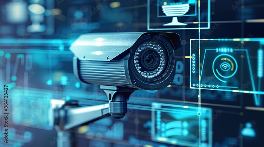 A detailed graphic of a CCTV camera scanning an area with holographic overlays, illustrating advanced monitoring capabilities A detailed graphic of a CCTV camera scanning an area with holographic overlays, illustrating advanced monitoring capabilities
