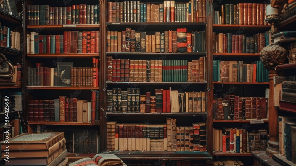 A well-stocked bookshelf filled with bound volumes in a library A well-stocked bookshelf filled with bound volumes in a library