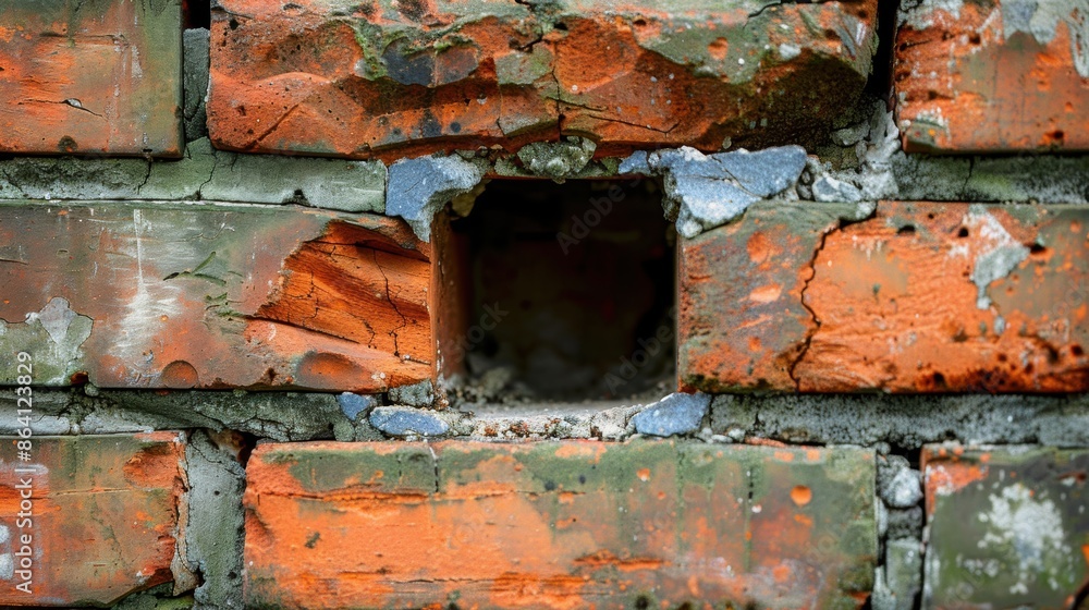 Weathered brick wall with a hole in a brick Weathered brick wall with a hole in a brick
