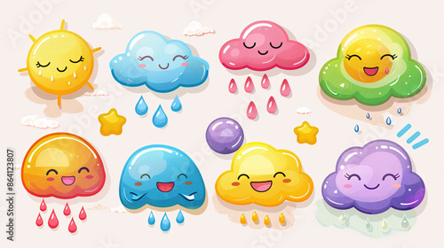 Japanese kawaii weather characters with cheerful expressions, on white background