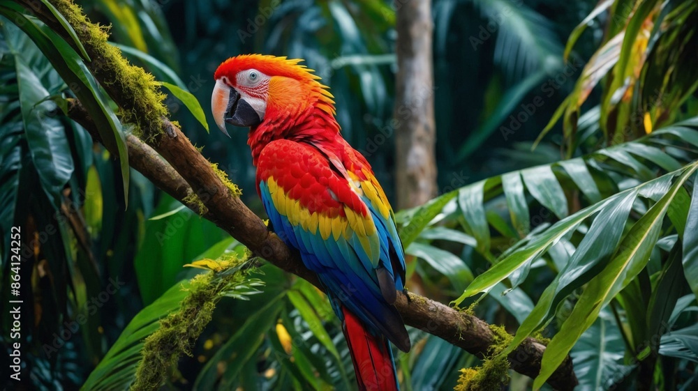 Red macaw on a branch, tropical forest in the background, wildlife concept. Red macaw on a branch, tropical forest in the background, wildlife concept.