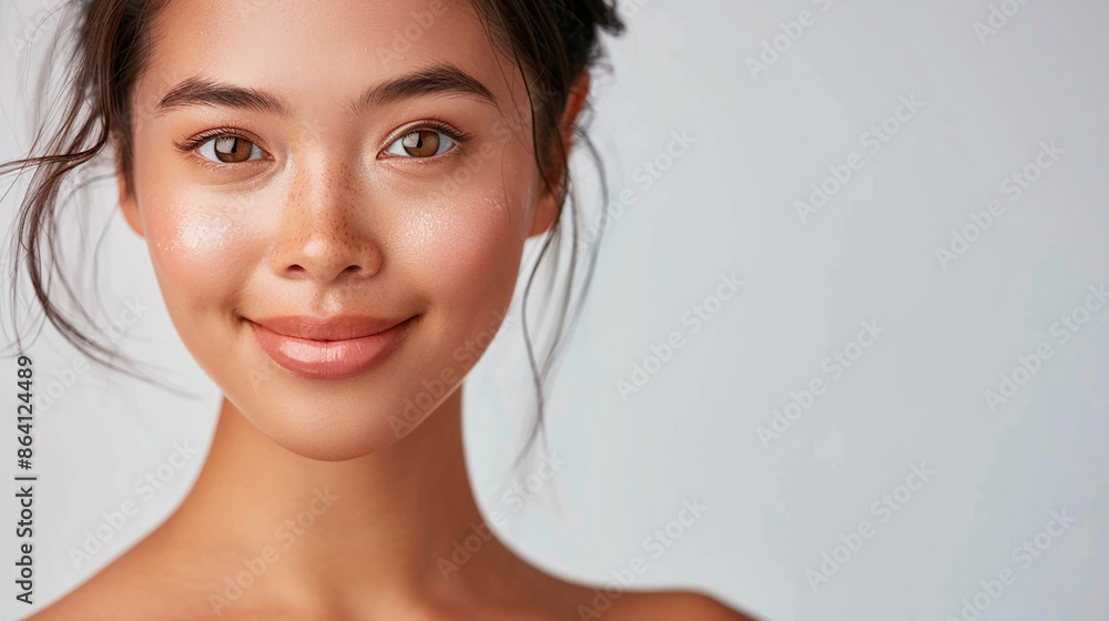 Portrait of a young woman with a natural look and radiant skin, smiling gently with a soft background, capturing beauty and simplicity Portrait of a young woman with a natural look and radiant skin, smiling gently with a soft background, capturing beauty and simplicity