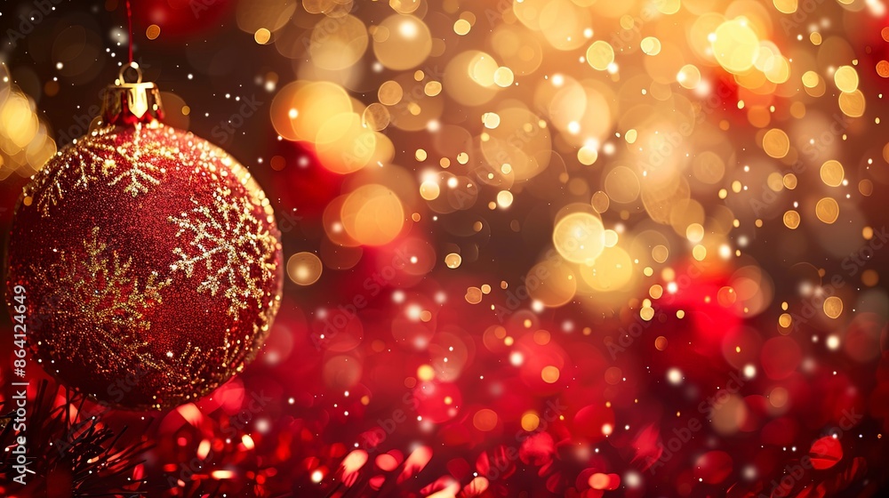 A closeup of a single, red Christmas ornament featuring intricate golden snowflake patterns and a sparkling glittery finish, glowing against a warm bokeh background. A closeup of a single, red Christmas ornament featuring intricate golden snowflake patterns and a sparkling glittery finish, glowing against a warm bokeh background.
