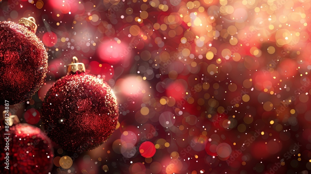 This festive image features three red Christmas baubles adorned with glitter, set against a bokeh background, with a light snowfall creating a magical holiday atmosphere. This festive image features three red Christmas baubles adorned with glitter, set against a bokeh background, with a light snowfall creating a magical holiday atmosphere.