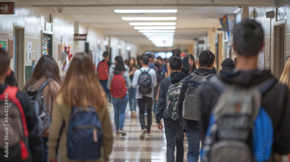 High school students walking in a busy hallway