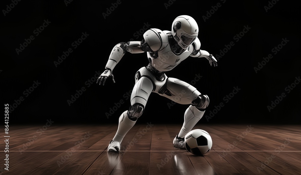 soccer player robot kicking ball. robot action. Ai robot soccer player robot kicking ball. robot action. Ai robot