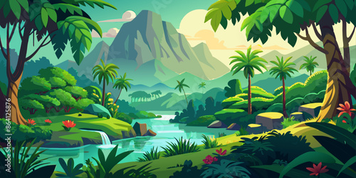 Tropical fish swimming near a coral reef on a beachside island with palm trees, clear blue ocean, and a beautiful sunset, perfect for a summer vacation illustration